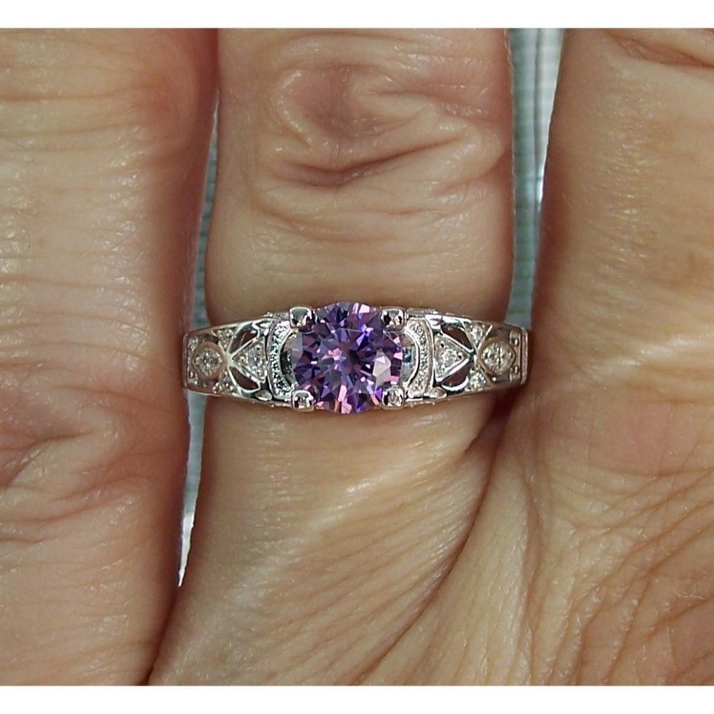 925 STERLING SILVER Round Cut Simulated Amethyst Cubic Zirconia Ring - Picture 11 of 16